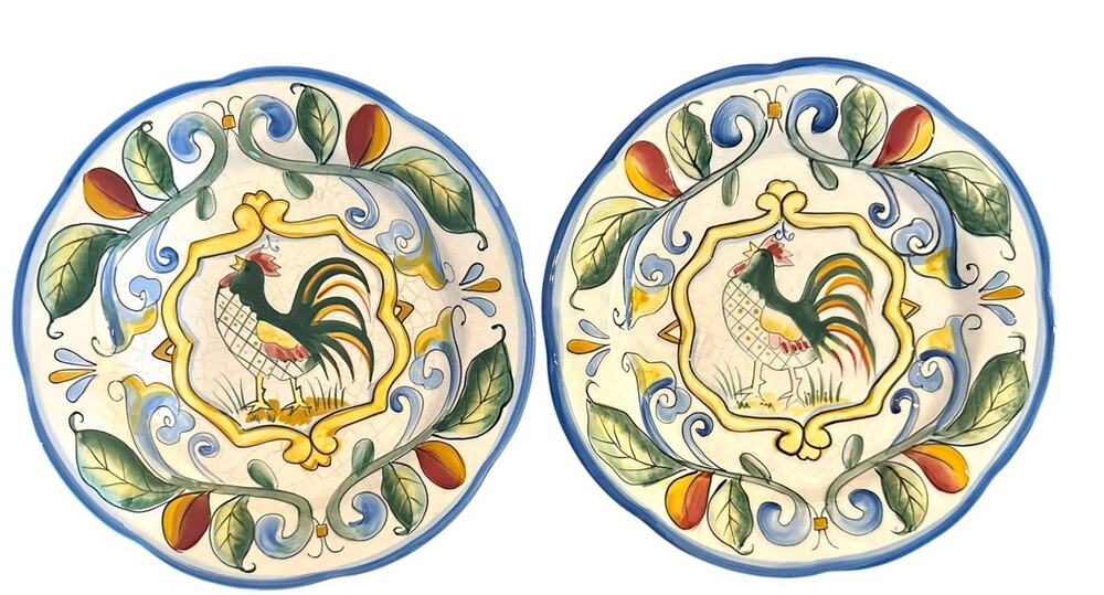 Set Of 2 Fitz & Floyd Ricamo Rooster Motif Salad Plates 8” Hand Painted
